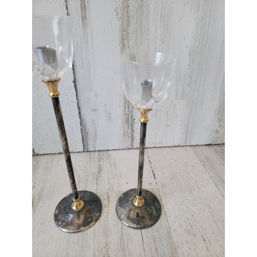 Landes crystal Italy brass candle holder set home decor - Picture 4 of 10